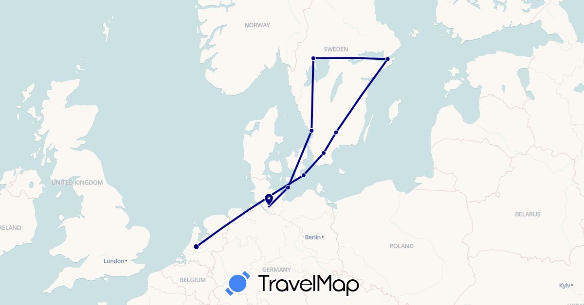 TravelMap itinerary: driving in Germany, Denmark, Netherlands, Sweden (Europe)